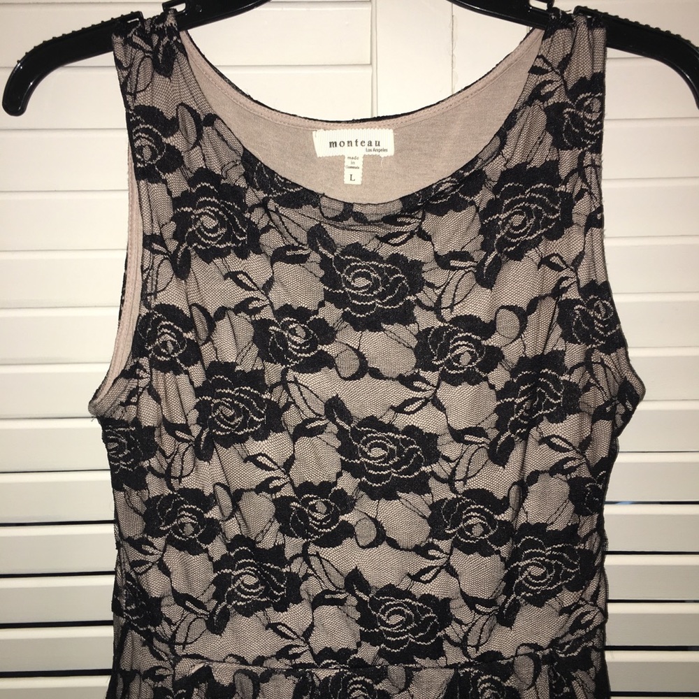Monteau Black Lace Over Tan Dress - Picture 2 of 6